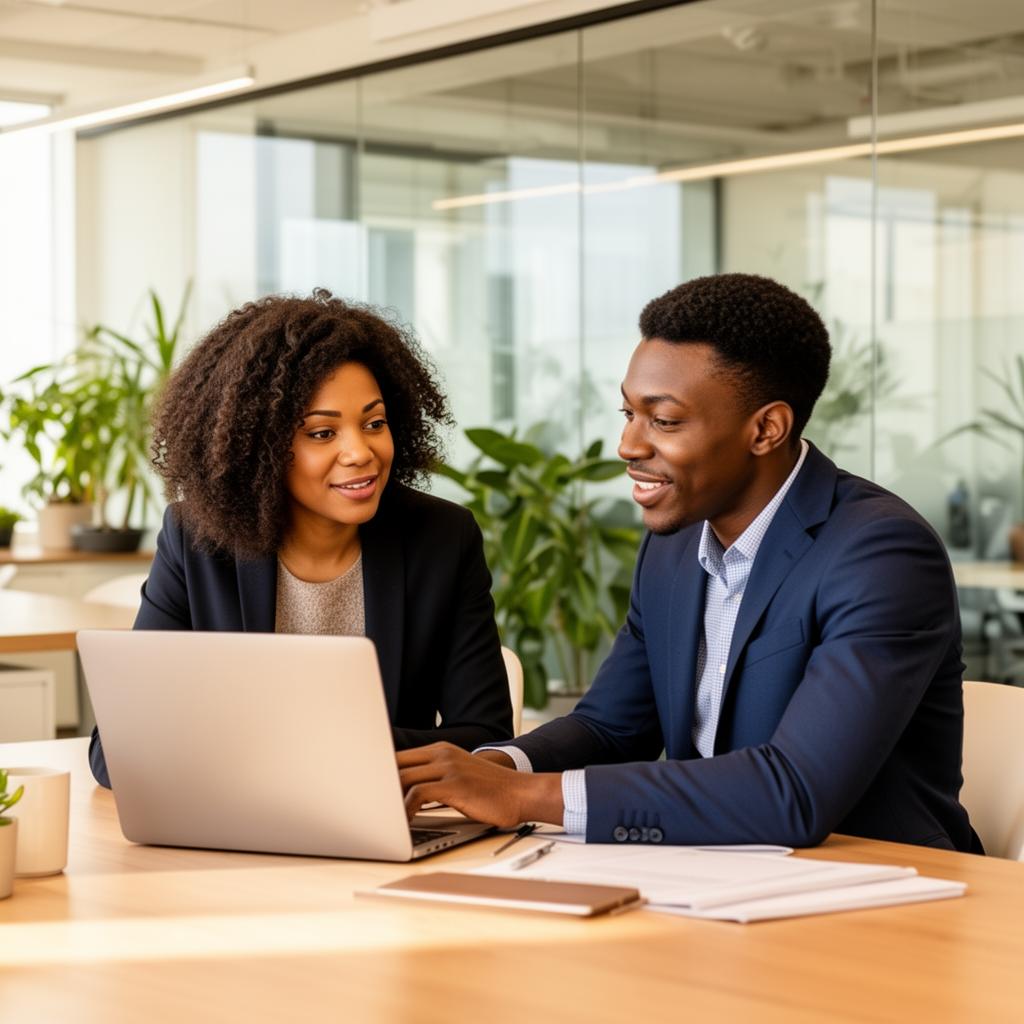 Business coach mentoring a young entrepreneur in an office